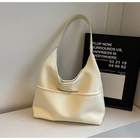 Borsa a Tracolla Hobo in Pelle PU di Grande Capacità da Donna Minimalista Borsa Tote Motivo Litchi Con Tasche Esterne