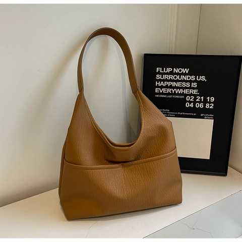 Borsa a Tracolla Hobo in Pelle PU di Grande Capacità da Donna Minimalista Borsa Tote Motivo Litchi Con Tasche Esterne