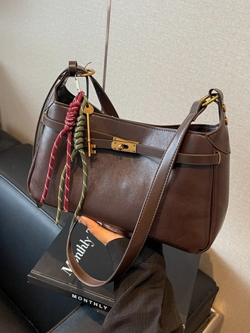 Women Vintage PU Leather Underarm Bag Solid Color Trendy Lock Decor Crossbody Shoulder Bag For Office Commute Fashion Gift