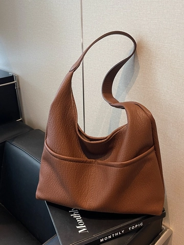 Große Tragetasche Damen Minimalistisch PU Leder Hobo Schultertasche Mit Zwei Vordertaschen Pendler Casual Handtasche