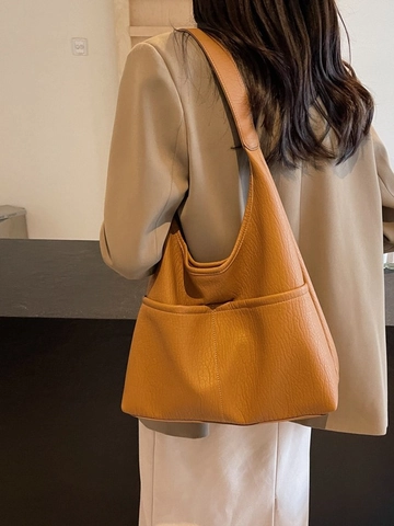 Große Tragetasche Damen Minimalistisch PU Leder Hobo Schultertasche Mit Zwei Vordertaschen Pendler Casual Handtasche