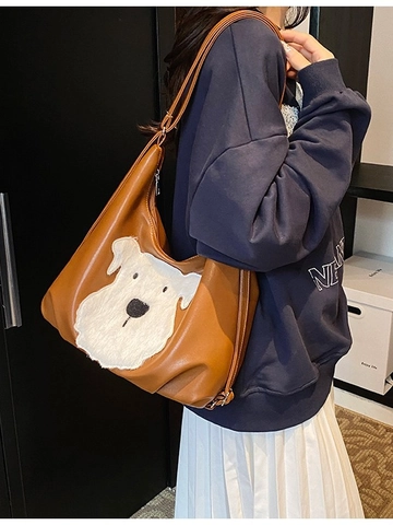 Dames Grote Capaciteit Hobo Tas Met Schattige Pluche Hond Patchwork PU Leer Schoudertas Casual Reizen Tote Bag