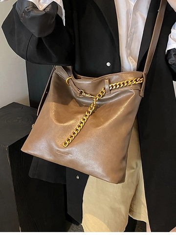 Vintage Damen PU Leder Große Kapazität Eimer Umhängetasche Mit Gold Metall Kettenverzierung Verstellbarem Schultergurt Täglich Tragetasche