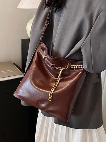 Vintage Damen PU Leder Große Kapazität Eimer Umhängetasche Mit Gold Metall Kettenverzierung Verstellbarem Schultergurt Täglich Tragetasche