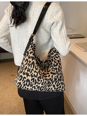 Damen Große Kapazität Leopardenmuster Tote Bag Jacquard Stoff Schultertasche Verstellbarer PU Lederriemen Vintage Hobo Tasche