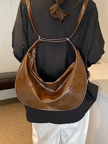 Women Large Capacity PU Leather Hobo Bag Multi-functional Backpack Crossbody Shoulder Bag Retro Stitching Casual Travel Purse