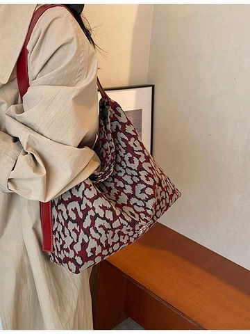 Damen Große Kapazität Leopardenmuster Tote Bag Jacquard Stoff Schultertasche Verstellbarer PU Lederriemen Vintage Hobo Tasche