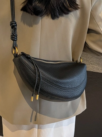 Women Crescent Crossbody Bag Large Capacity Litchi Grain PU Leather Retro Minimalist Half Moon Shoulder Bag With Knot Strap
