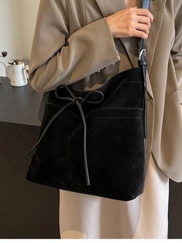 Grand Sac Fourre-tout Vintage en Daim Mat pour Femmes Sac Bandoulière Décontracté Avec Décoration de Nœud Sac à Main de Travail Minimaliste