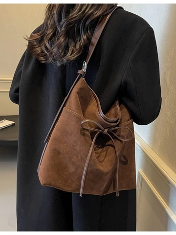 Grand Sac Fourre-tout Vintage en Daim Mat pour Femmes Sac Bandoulière Décontracté Avec Décoration de Nœud Sac à Main de Travail Minimaliste