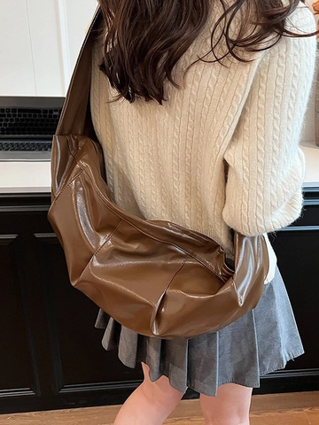 Women Large Capacity PU Leather Shoulder Bag Stylish Pleated Design Wide Strap Crescent Dumpling Crossbody Bag Commute Hobo Bag