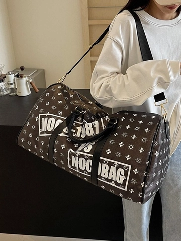 Women Large Capacity PU Leather Travel Duffle Bag Monogram Print Handbag Weekender Overnighter Sports Gym Bag With Dry Wet Pocket