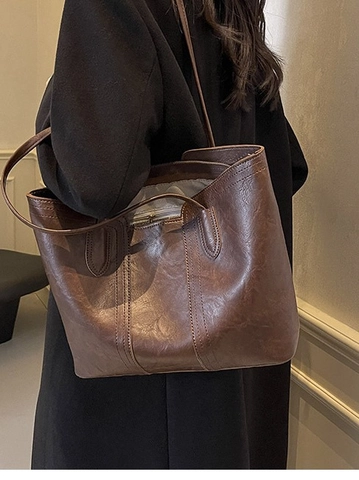 Borsa Tote da Donna Grande Capacità in Pelle PU Texture Vintage Borsa a Tracolla per Ufficio Pendolare Casuale