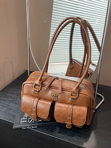 Borsa a Tracolla Vintage in Pelle PU di Grande Capacità per Donna Borsa Sottobraccio Retro Boston Handbag Pendolare Con Tasche Multiple