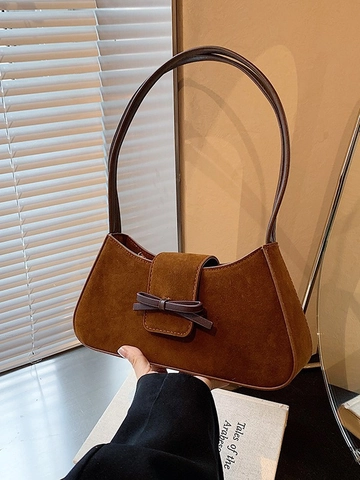 Vintage Bow Baguette Bag For Women 2026 New French Style Suede PU Leather Underarm Shoulder Bag Fashion Solid Color Handbag