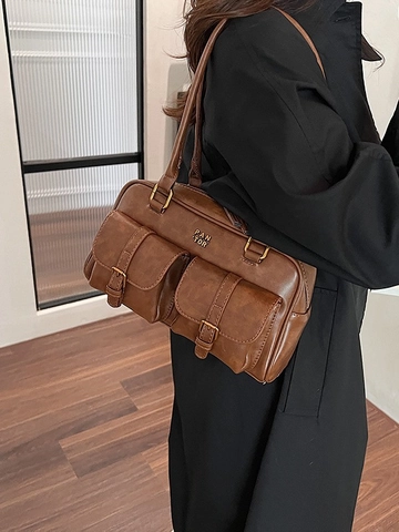 Borsa a Tracolla Vintage in Pelle PU di Grande Capacità per Donna Borsa Sottobraccio Retro Boston Handbag Pendolare Con Tasche Multiple