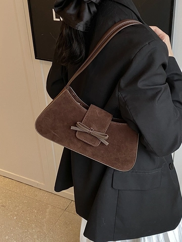 Vintage Bow Baguette Bag For Women 2026 New French Style Suede PU Leather Underarm Shoulder Bag Fashion Solid Color Handbag