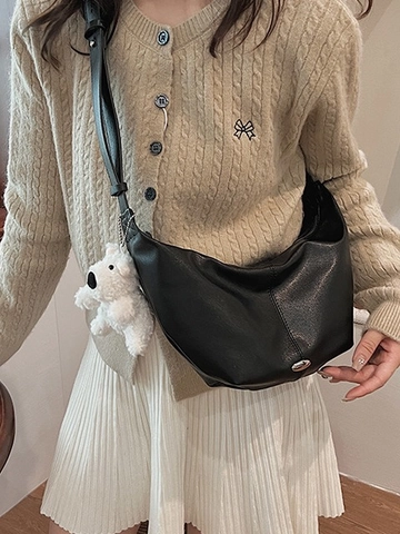 Grand Sac à Épaule Croissant Rétro en Cuir PU Sac Hobo Bandoulière Femme Quotidien Navettage Main Avec Pendentif en Peluche
