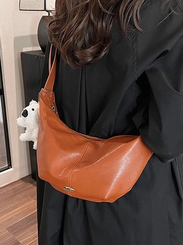 Grand Sac à Épaule Croissant Rétro en Cuir PU Sac Hobo Bandoulière Femme Quotidien Navettage Main Avec Pendentif en Peluche