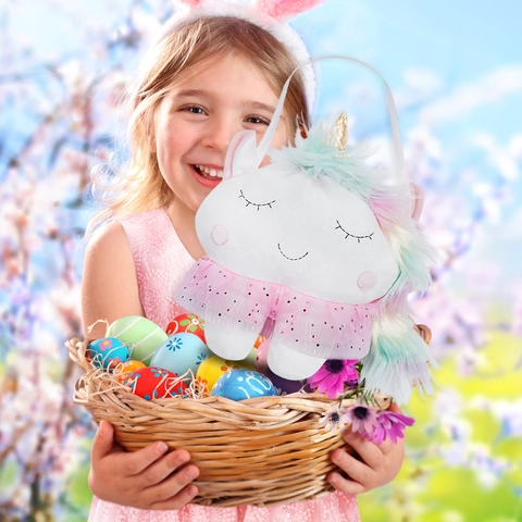 Sacco Regalo Cesto Pasquale Unicorno Peluche Per Bambini Con Corno D'Oro Capelli Arcobaleno Gonna Tutu Halloween Caramelle