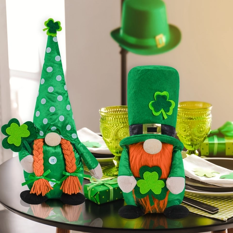 St Patrick's Day Zwerg Plüsch Deko Grün Kleeblatt Irisches Gonk Ornament Mit Orangefarbenem Bart Für Home Party Tisch Deko