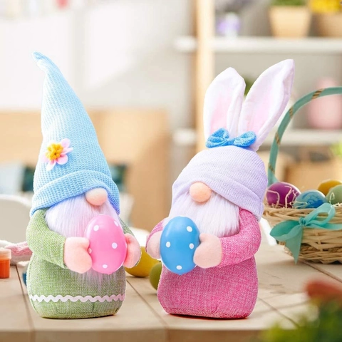 Easter Gnomes Decoration Knitted Plush Bunny Ears Gnome Holding Egg Rudolph Faceless Doll For Home Holiday Table Ornament Gift