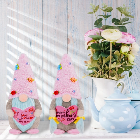 Mother's Day Pink Gnome Plush Doll Decoration With Flower Pearl Heart Mom Gift Handcrafted Desktop Gnome Ornament Decor