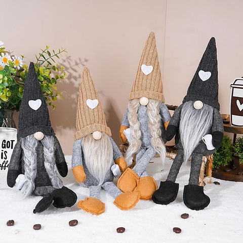 Nordic Coffee Theme Gnome Plush Faceless Doll With Heart Knitted Hat Sitting Rudolf Figurine For Home Window Decor