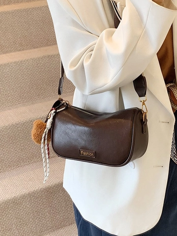 Women Fashion Boston Crossbody Bag PU Leather Pillow Shape Metal Plate With Bear Charm Wide Strap Shoulder Bag Daily Travel Satchel