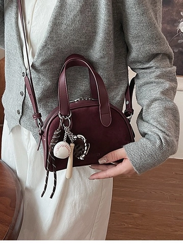 Vintage Women PU Suede Spliced Crossbody Bag Small Boston Handbag With Baseball Keychain Adjustable Shoulder Strap Bag