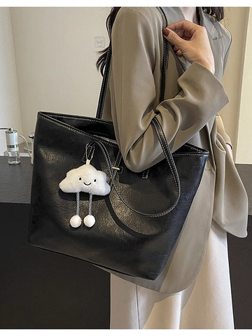 Large Capacity Women Tote Bag Vintage PU Leather Shoulder Bag With Cloud Charm Contrast Stitching Commuting Casual Handbag