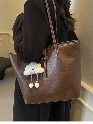 Large Capacity Women Tote Bag Vintage PU Leather Shoulder Bag With Cloud Charm Contrast Stitching Commuting Casual Handbag