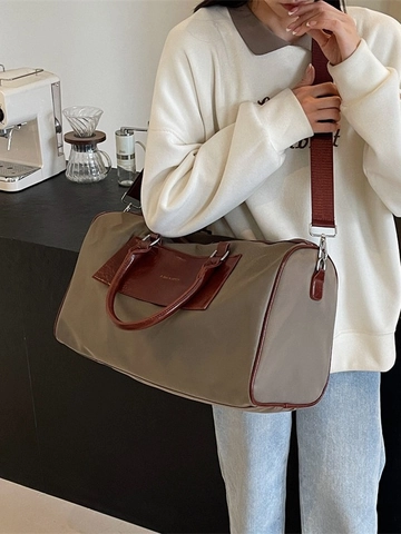 Bolsa de Viaje para Mujer de Gran Capacidad de Tela Oxford Bolsa de Viaje Retro de Bloques de Color Mango de Cuero Correa de Hombro Bolsa de Gimnasio