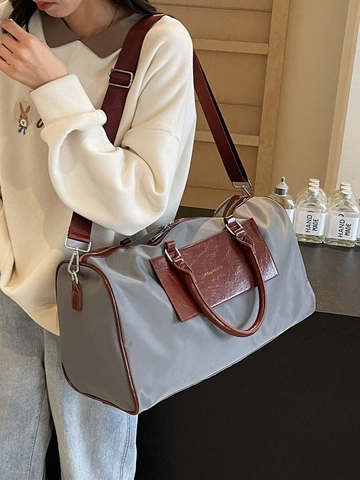 Bolsa de Viaje para Mujer de Gran Capacidad de Tela Oxford Bolsa de Viaje Retro de Bloques de Color Mango de Cuero Correa de Hombro Bolsa de Gimnasio