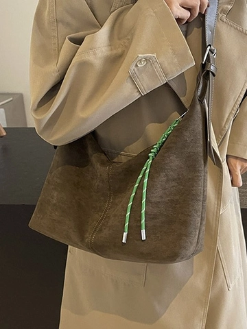 Women Large Capacity Suede Look Hobo Bag Retro Minimalist PU Leather Shoulder Bag With Green Braided Rope Decor Commuter Tote