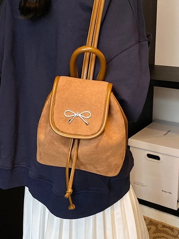 Damen Schleife Eimer Rucksack Mode Koreanisch PU Wildleder Textur Mini Tagesrucksack Lässig Kordelzug Schultertasche Uni