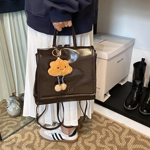 Vintage Shiny PU Leather Women Backpack With Cloud Plush Pendant High Gloss College Style Retro Small School Bag For Girls