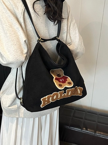 Damen Vintage Wildlederimitat Cartoon Bär Patch Tote Bag Verstellbarer Gurt Große Kapazität Hobo Schulter Rucksack Für Schule