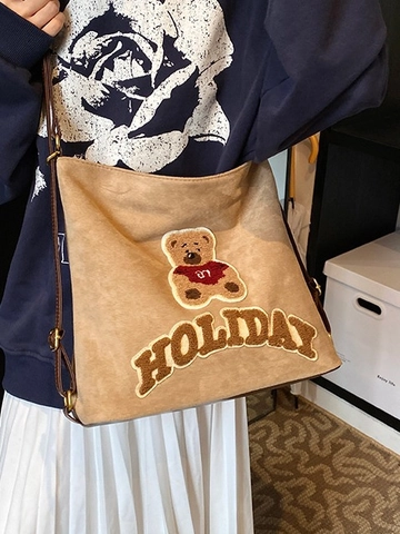 Damen Vintage Wildlederimitat Cartoon Bär Patch Tote Bag Verstellbarer Gurt Große Kapazität Hobo Schulter Rucksack Für Schule