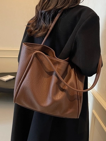 Damen Vintage Tote Bag Große Kapazität Weiches PU Leder Lychee Muster Minimalistische Schultertasche Lässig Pendeln Handtasche