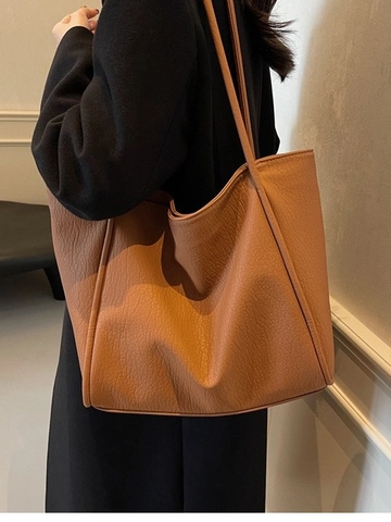 Damen Vintage Tote Bag Große Kapazität Weiches PU Leder Lychee Muster Minimalistische Schultertasche Lässig Pendeln Handtasche