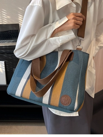 Women Large Capacity Canvas Tote Bag Vertical Stripes Contrast Color Handbag For Commute Travel Casual Crossbody Style