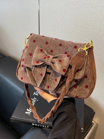 Vintage Polka Dot Cord Schultertasche Für Damen Mit Großer Schleife Süße Retro Unterarmtasche Mit Geflochtenem Riemen Gold Hardware