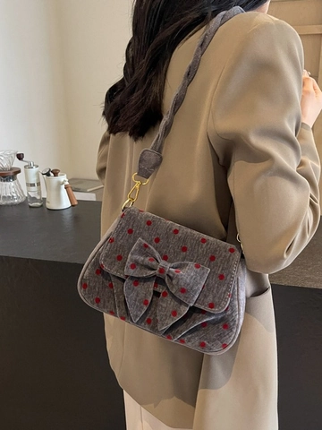Vintage Polka Dot Cord Schultertasche Für Damen Mit Großer Schleife Süße Retro Unterarmtasche Mit Geflochtenem Riemen Gold Hardware