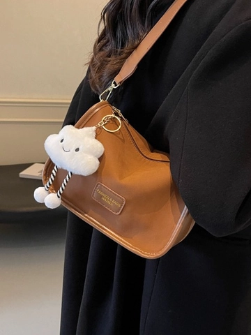 Bolso Bandolera de Cuero PU para Mujer Forma de Almohada Color Sólido con Lindo Colgante de Nube Bolso de Mano Moda