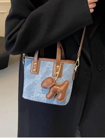 Women Retro Bucket Bag PU Leather Denim Patchwork Crossbody Handbag With Puppy Charm Casual Shoulder Bag For Daily Matching