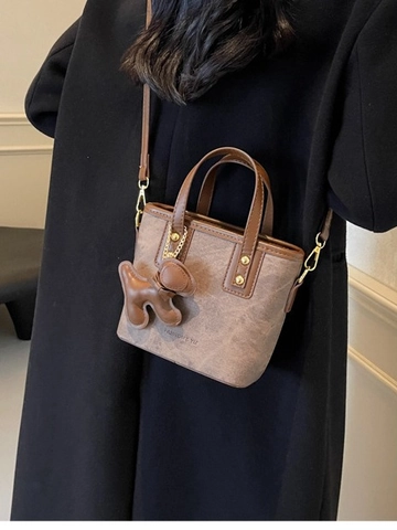 Women Retro Bucket Bag PU Leather Denim Patchwork Crossbody Handbag With Puppy Charm Casual Shoulder Bag For Daily Matching