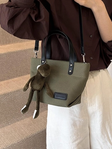 Sac Bandoulière Vintage en Toile Femme Sac à Main Rétro Tote Avec Charm d'Animal Mignon Décontracté Grande Capacité Sac à Épaule Style Seau