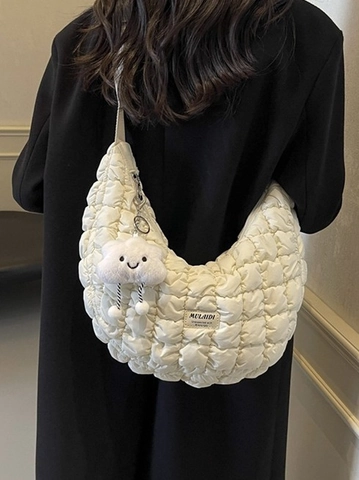 Bolso de Hombro Acolchado Puffy para Mujer Gran Capacidad Color Sólido Bolso Hobo Moda Bandolera Con Colgante de Peluche de Nube