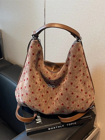 Dames Polka Dot Strik Rugzak Grote Capaciteit Corduroy Multifunctionele Schoudertas Retro Hobo Tote Bag Reishandtas